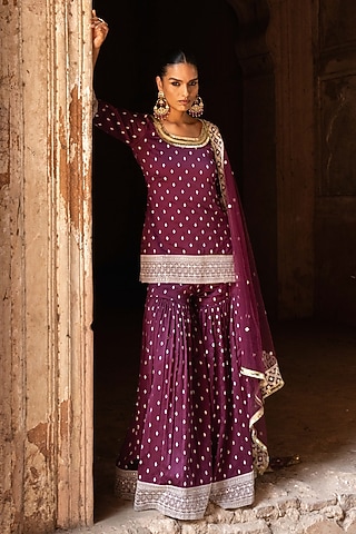 Wine Chanderi Silk Embroidered Sharara Set by PREEVIN