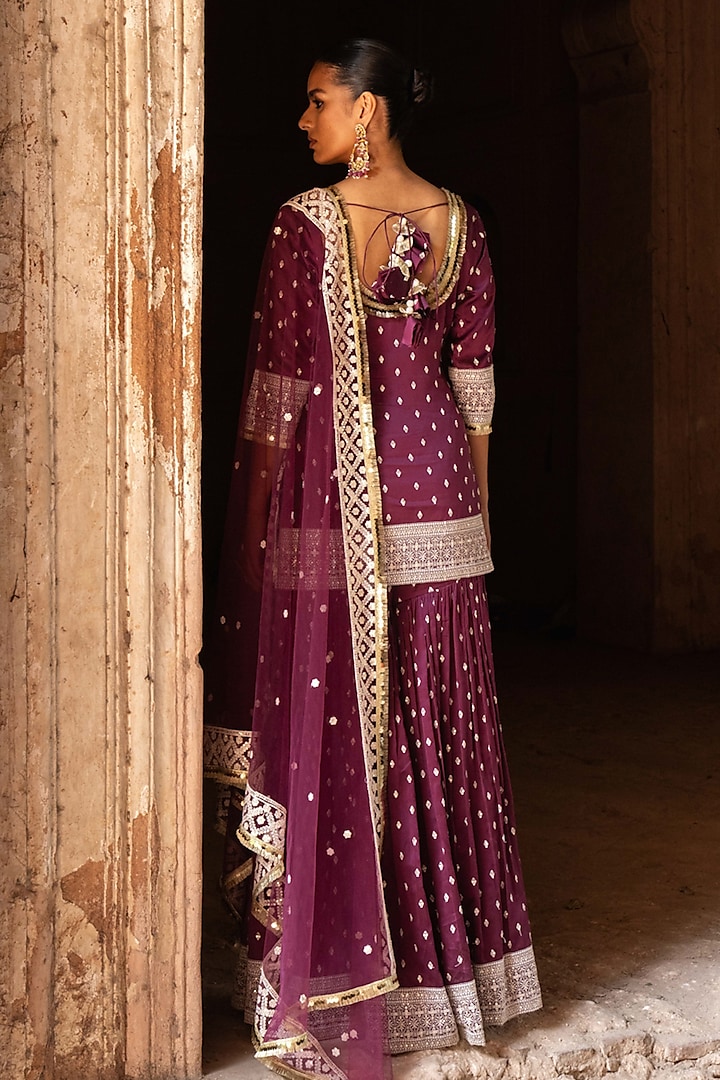 Wine Chanderi Silk Embroidered Party Wear Sharara Set by PREEVIN at Pernia's Pop Up Shop