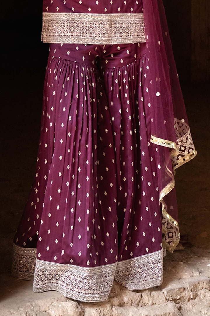 Wine Chanderi Silk Embroidered Party Wear Sharara Set by PREEVIN at Pernia's Pop Up Shop