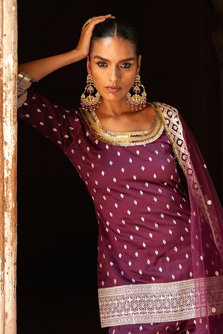 Wine Chanderi Silk Embroidered Party Wear Sharara Set by PREEVIN at ...