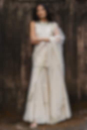 Off-White Cotton Shimmer Mulmul Embroidered Party Wear Sharara Set by PREEVIN at Pernia's Pop Up Shop
