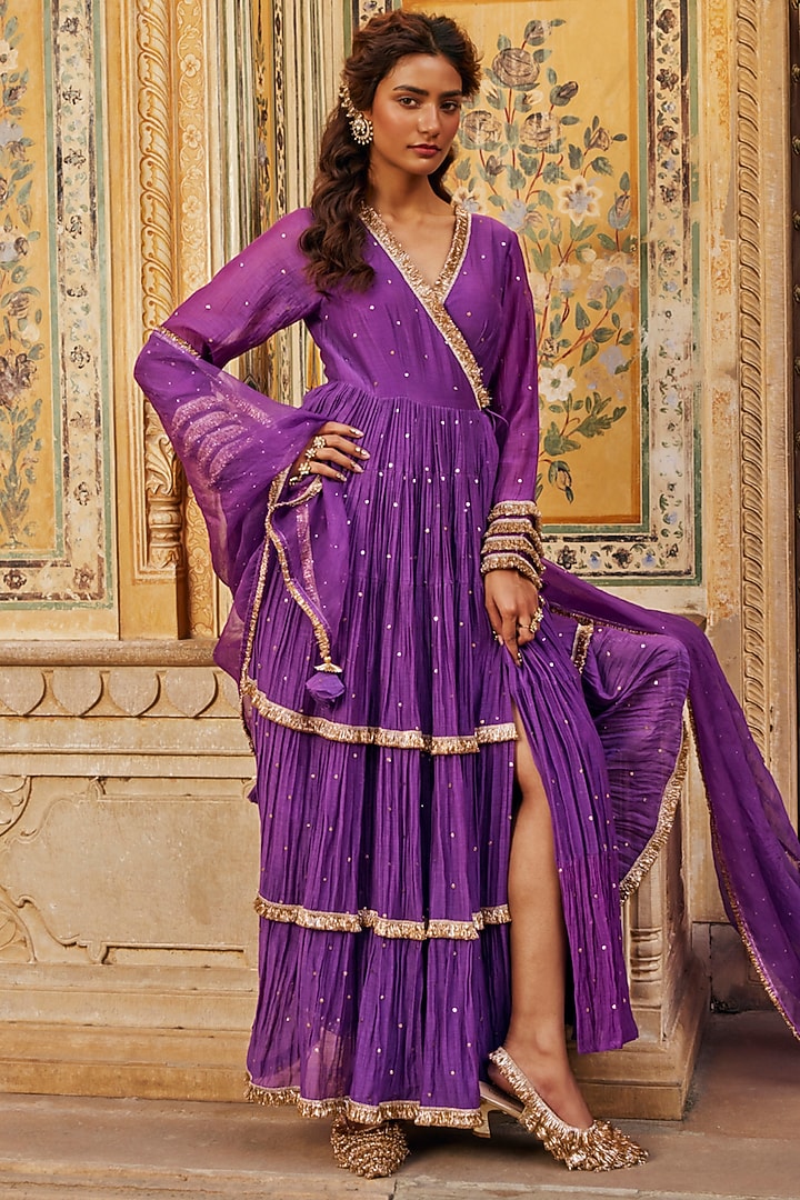 Imperial Purple Chanderi Silk Mukaish Handwork Tiered Angrakha With Dupatta by PREEVIN at Pernia's Pop Up Shop