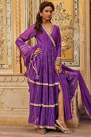 Imperial Purple Chanderi Silk Mukaish Handwork Tiered Angrakha With Dupatta by PREEVIN
