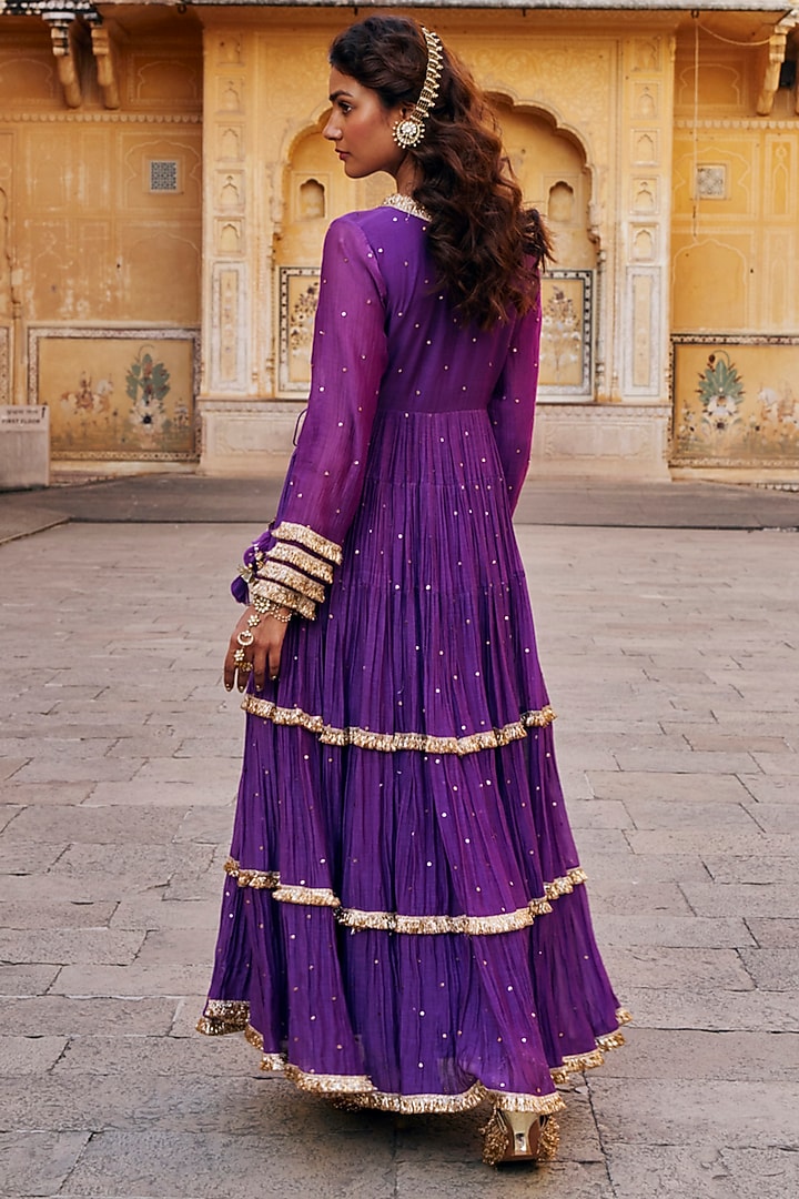 Imperial Purple Chanderi Silk Mukaish Handwork Tiered Angrakha With Dupatta by PREEVIN at Pernia's Pop Up Shop