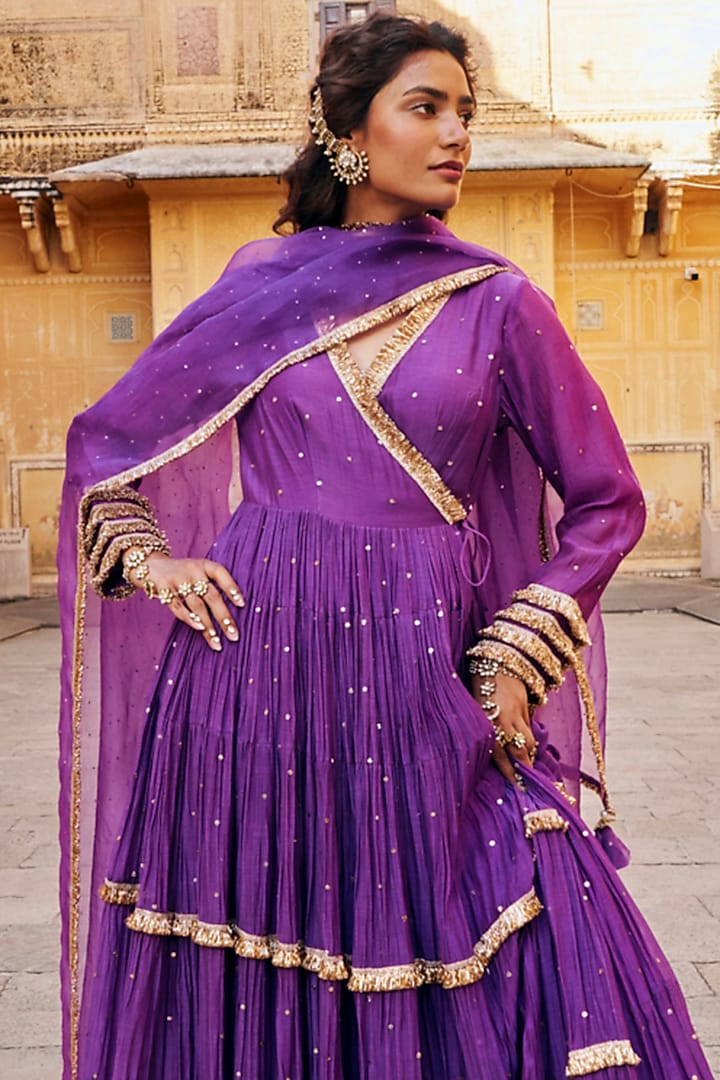 Imperial Purple Chanderi Silk Mukaish Handwork Tiered Angrakha With Dupatta by PREEVIN at Pernia's Pop Up Shop