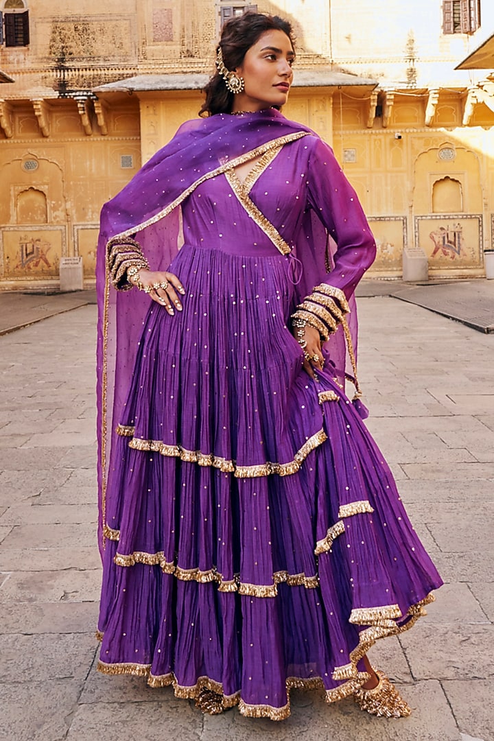 Imperial Purple Chanderi Silk Mukaish Handwork Tiered Angrakha With Dupatta by PREEVIN at Pernia's Pop Up Shop