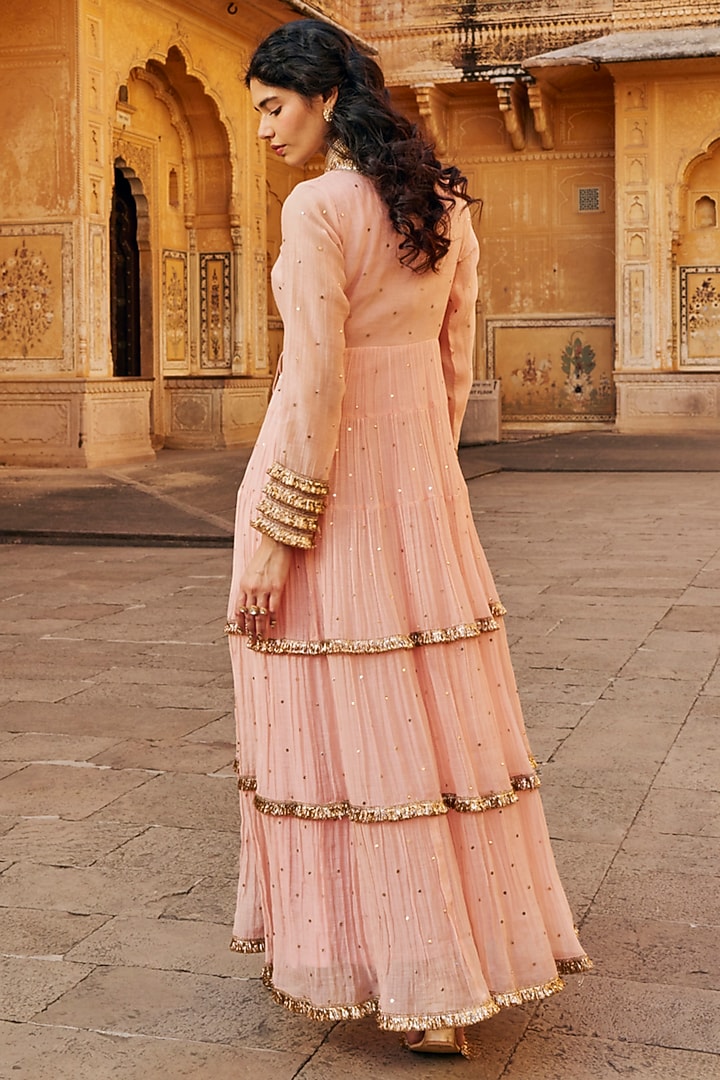 Vintage Blush Chanderi Silk Mukaish Handwork Tiered Angrakha With Dupatta by PREEVIN at Pernia's Pop Up Shop