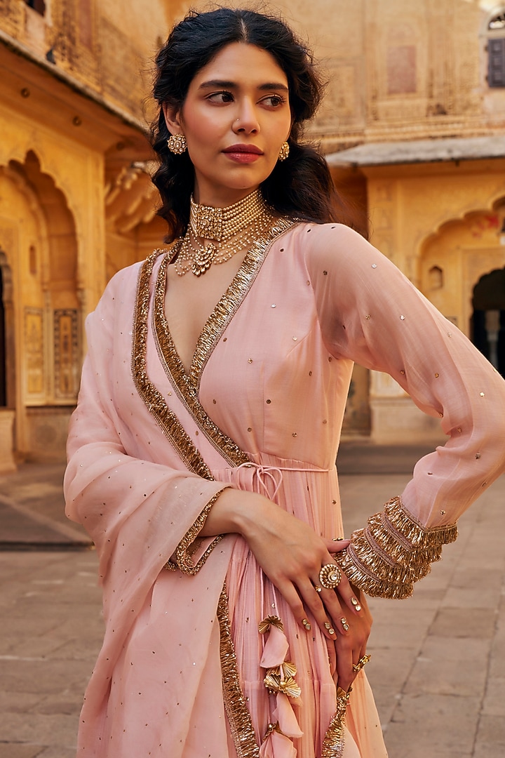 Vintage Blush Chanderi Silk Mukaish Handwork Tiered Angrakha With Dupatta by PREEVIN at Pernia's Pop Up Shop