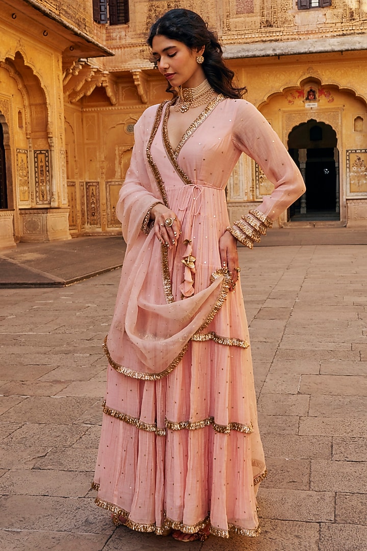 Vintage Blush Chanderi Silk Mukaish Handwork Tiered Angrakha With Dupatta by PREEVIN at Pernia's Pop Up Shop