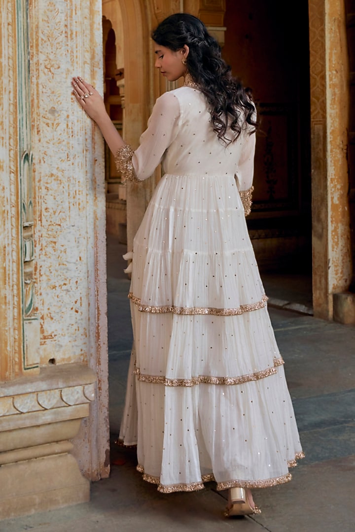Ivory Chanderi Silk Mukaish Handwork Tiered Angrakha With Dupatta by PREEVIN at Pernia's Pop Up Shop