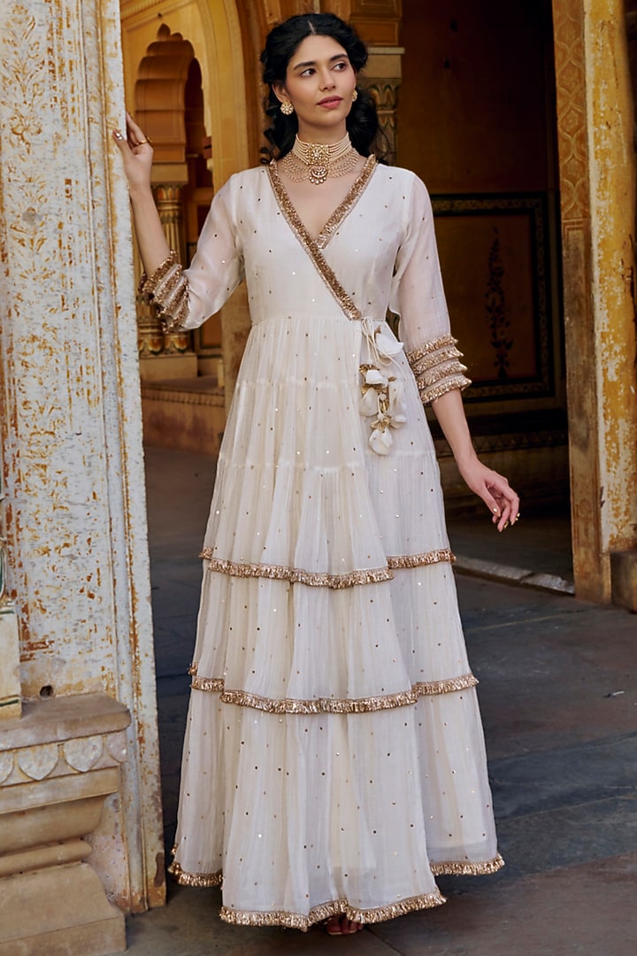 Ivory Chanderi Silk Mukaish Handwork Tiered Angrakha With Dupatta by PREEVIN at Pernia's Pop Up Shop