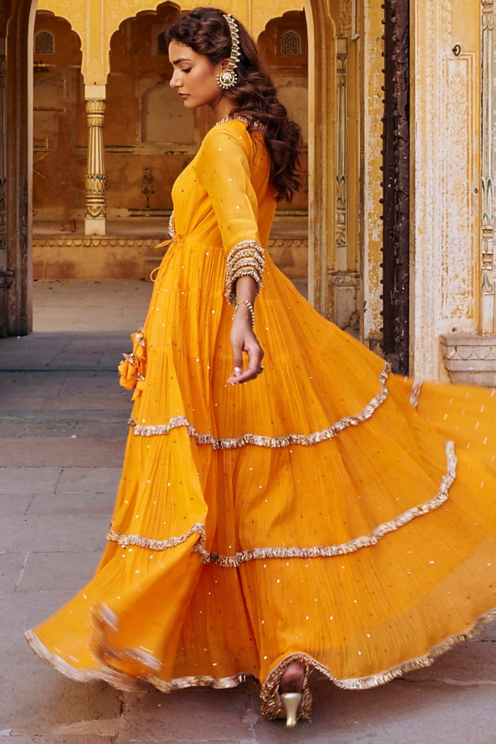 Saffron Chanderi Silk Mukaish Handwork Tiered Angrakha With Dupatta by PREEVIN at Pernia's Pop Up Shop