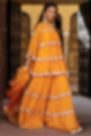 Saffron Chanderi Silk Mukaish Handwork Tiered Party Wear Sharara Set by PREEVIN at Pernia's Pop Up Shop
