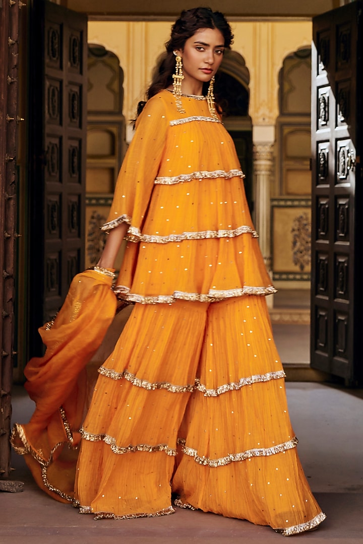 Saffron Chanderi Silk Mukaish Handwork Tiered Party Wear Sharara Set by PREEVIN at Pernia's Pop Up Shop