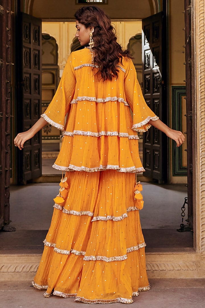 Saffron Chanderi Silk Mukaish Handwork Tiered Party Wear Sharara Set by PREEVIN at Pernia's Pop Up Shop