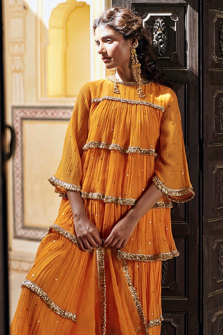 Saffron Chanderi Silk Mukaish Handwork Tiered Party Wear Sharara Set by PREEVIN at Pernia's Pop Up Shop