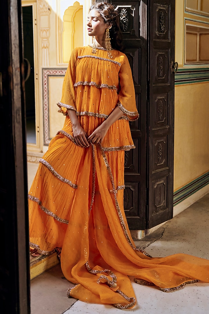 Saffron Chanderi Silk Mukaish Handwork Tiered Party Wear Sharara Set by PREEVIN at Pernia's Pop Up Shop