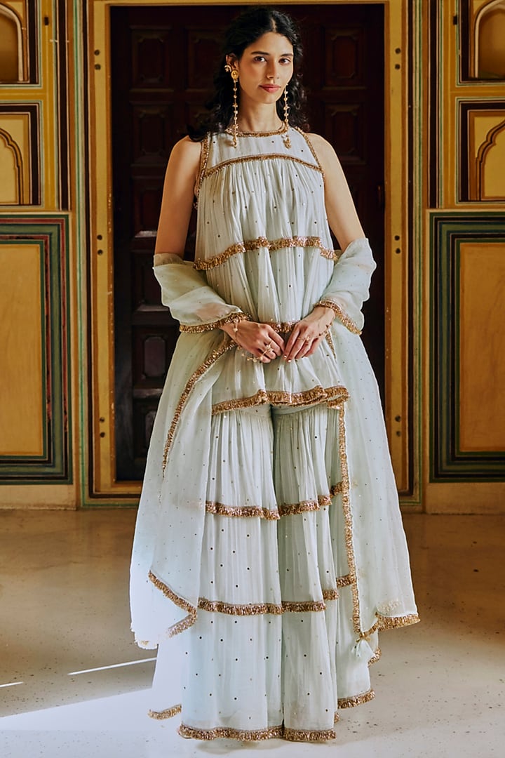 Seafoam Green Chanderi Silk Mukaish Handwork Tiered Party Wear Sharara Set by PREEVIN at Pernia's Pop Up Shop