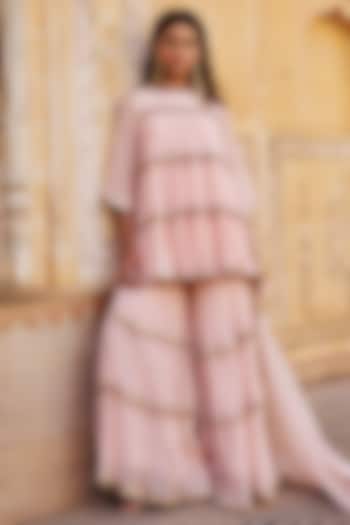 Vintage Blush Chanderi Silk Mukaish Handwork Tiered Party Wear Sharara Set by PREEVIN at Pernia's Pop Up Shop