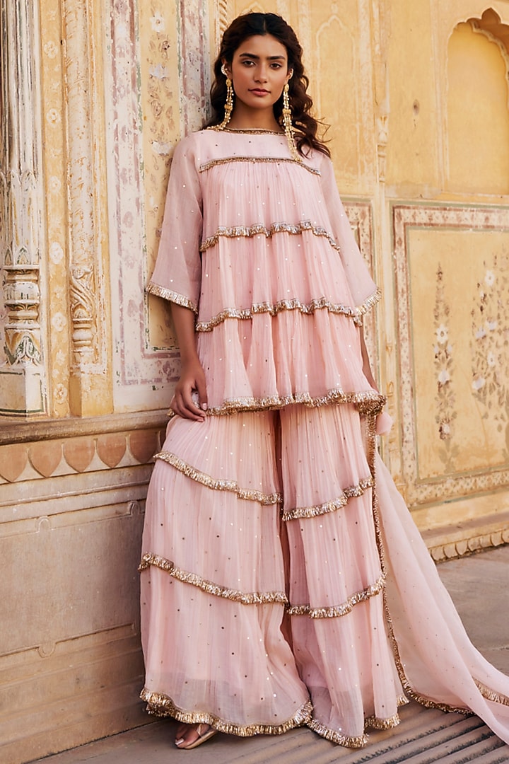 Vintage Blush Chanderi Silk Mukaish Handwork Tiered Party Wear Sharara Set by PREEVIN at Pernia's Pop Up Shop