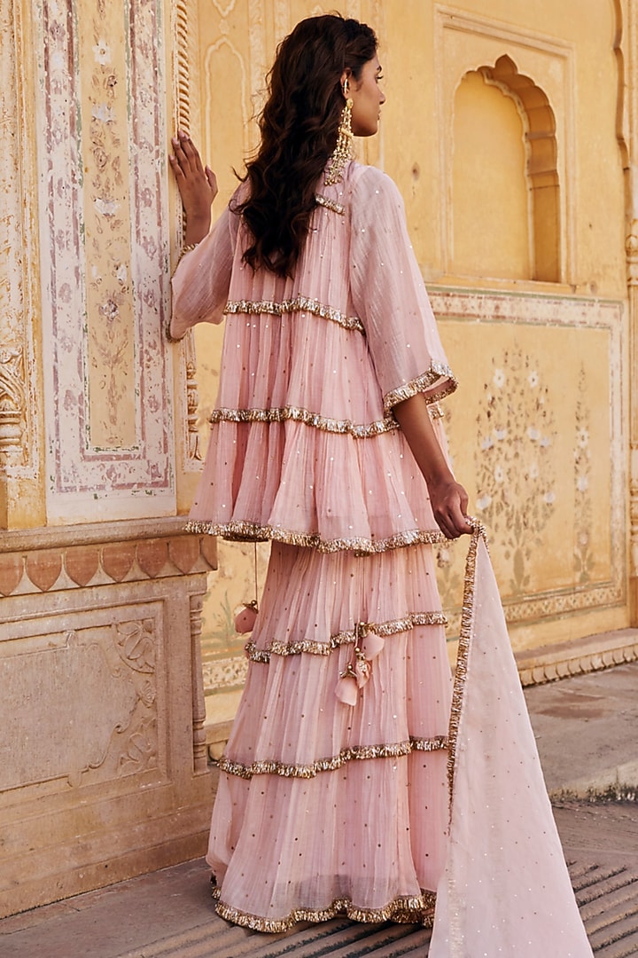 Vintage Blush Chanderi Silk Mukaish Handwork Tiered Party Wear Sharara Set by PREEVIN at Pernia's Pop Up Shop