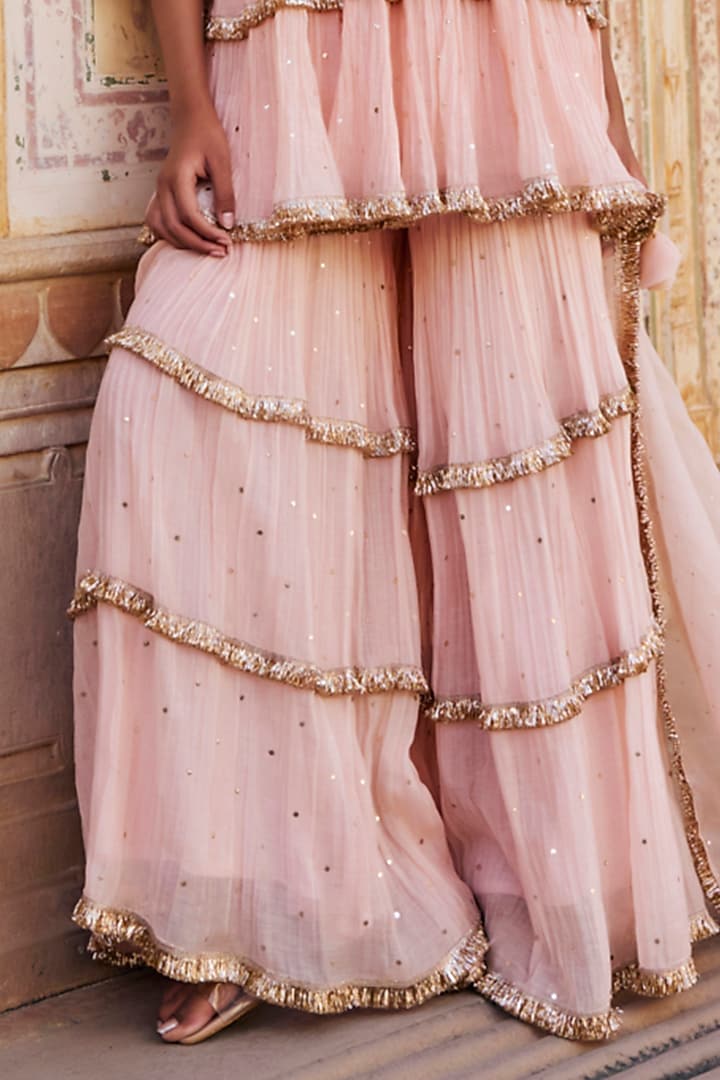 Vintage Blush Chanderi Silk Mukaish Handwork Tiered Party Wear Sharara Set by PREEVIN at Pernia's Pop Up Shop