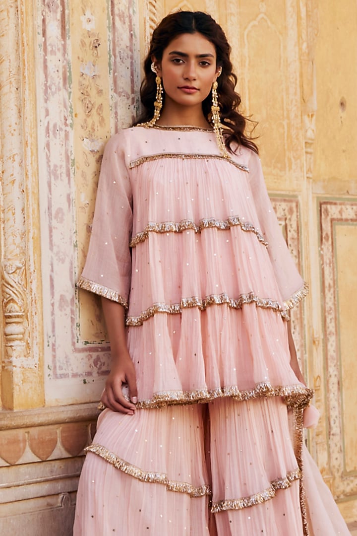 Vintage Blush Chanderi Silk Mukaish Handwork Tiered Party Wear Sharara Set by PREEVIN at Pernia's Pop Up Shop