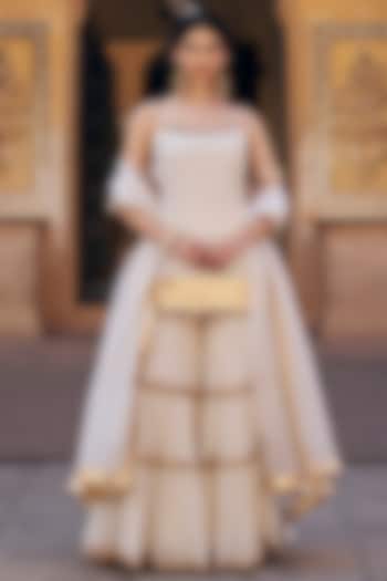 Ivory Chanderi Silk Mukaish Hand Work Party Wear Sharara Set by PREEVIN at Pernia's Pop Up Shop