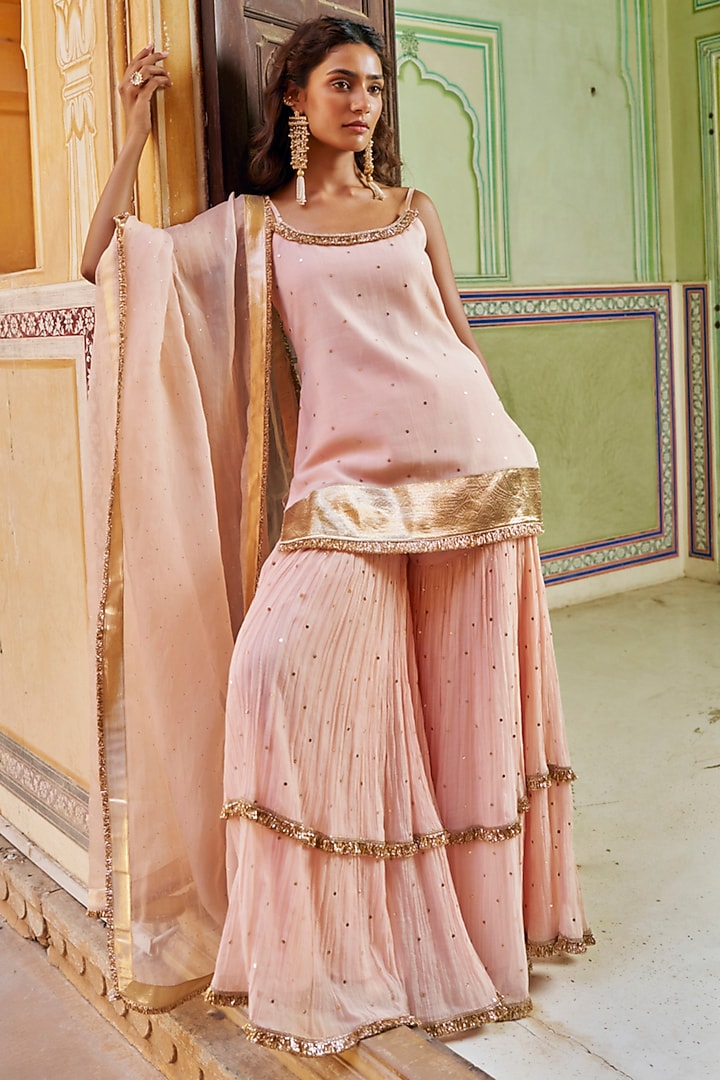 Vintage Blush Chanderi Silk Mukaish Hand Work Party Wear Sharara Set by PREEVIN at Pernia's Pop Up Shop