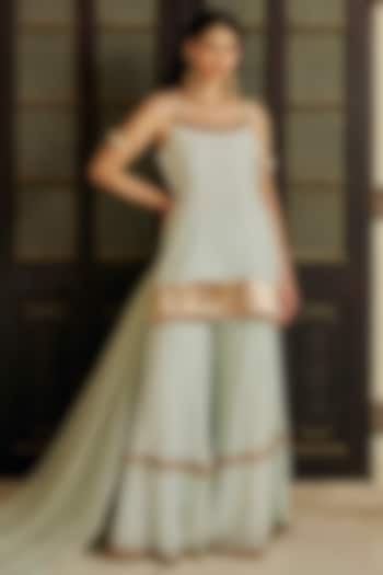 Seafoam Green Chanderi Silk Mukaish Hand Work Party Wear Sharara Set by PREEVIN at Pernia's Pop Up Shop