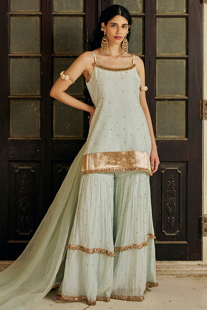Seafoam Green Chanderi Silk Mukaish Hand Work Party Wear Sharara Set by PREEVIN at Pernia's Pop Up Shop