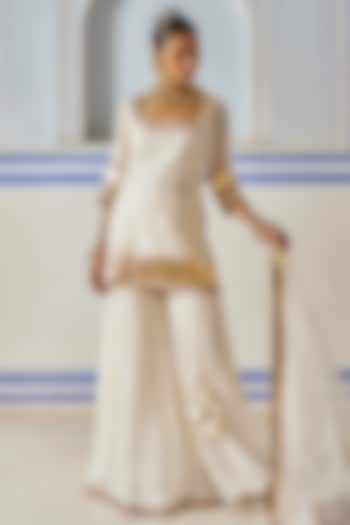 Ivory Chanderi Silk Mukaish Hand Work Party Wear Sharara Set by PREEVIN at Pernia's Pop Up Shop