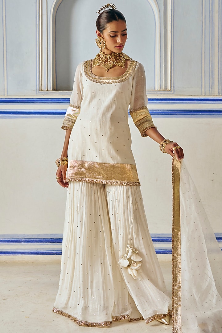 Ivory Chanderi Silk Mukaish Hand Work Party Wear Sharara Set by PREEVIN at Pernia's Pop Up Shop