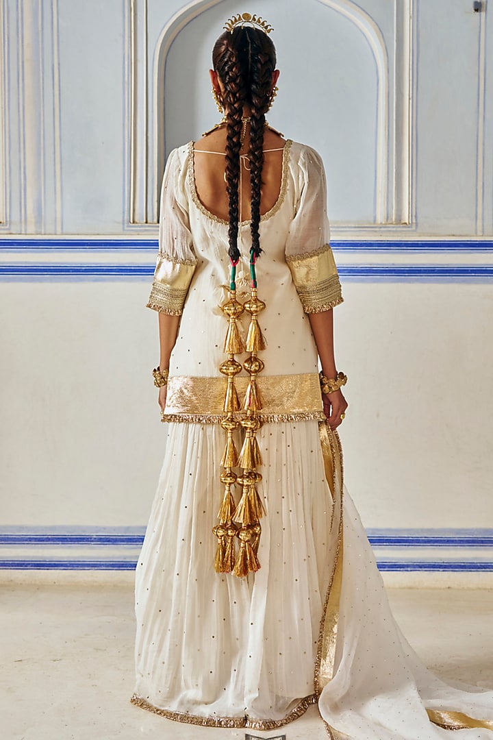 Ivory Chanderi Silk Mukaish Hand Work Party Wear Sharara Set by PREEVIN at Pernia's Pop Up Shop