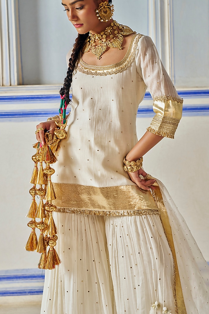 Ivory Chanderi Silk Mukaish Hand Work Party Wear Sharara Set by PREEVIN at Pernia's Pop Up Shop