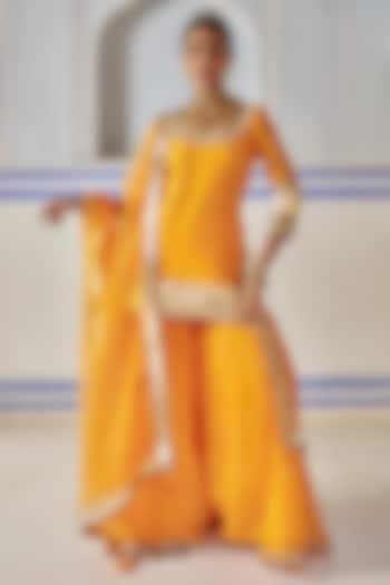 Saffron Chanderi Silk Mukaish Hand Work Party Wear Sharara Set by PREEVIN at Pernia's Pop Up Shop