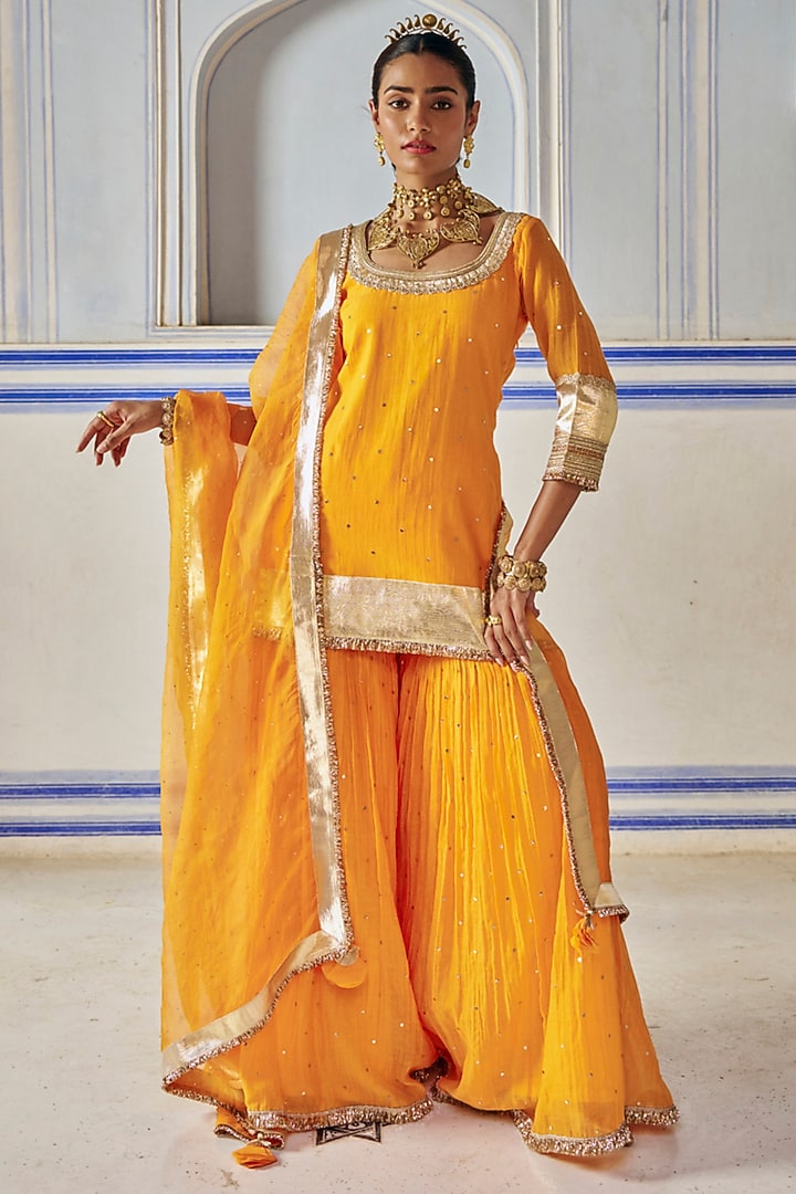 Saffron Chanderi Silk Mukaish Hand Work Party Wear Sharara Set by PREEVIN at Pernia's Pop Up Shop