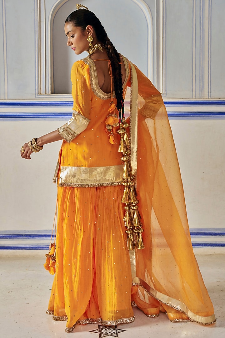Saffron Chanderi Silk Mukaish Hand Work Party Wear Sharara Set by PREEVIN at Pernia's Pop Up Shop