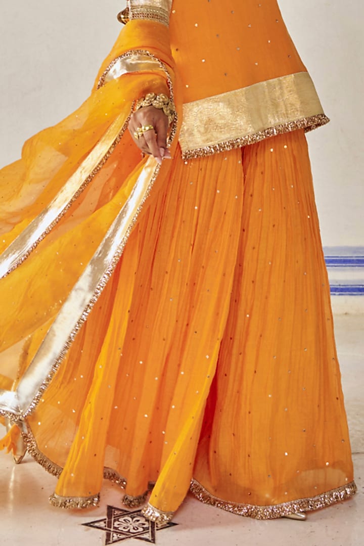 Saffron Chanderi Silk Mukaish Hand Work Party Wear Sharara Set by PREEVIN at Pernia's Pop Up Shop