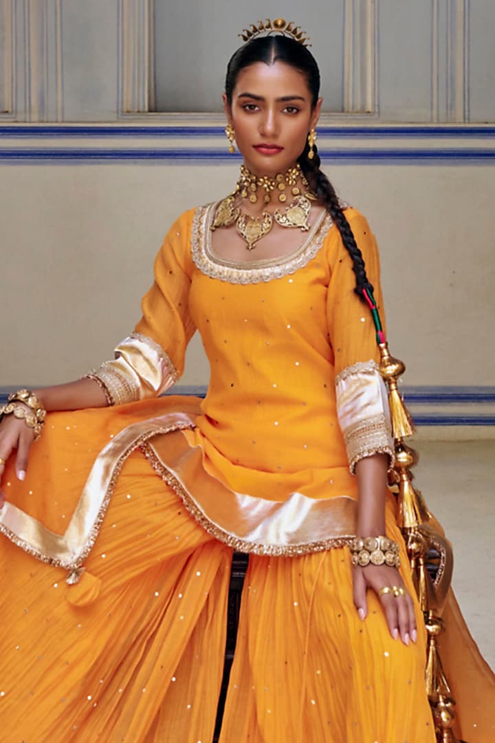 Saffron Chanderi Silk Mukaish Hand Work Party Wear Sharara Set by PREEVIN at Pernia's Pop Up Shop