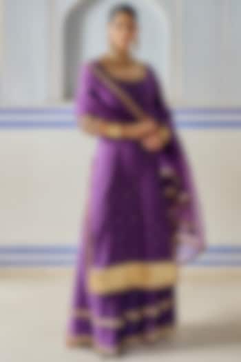 Imperial Purple Chanderi Silk Mukaish Hand Work Party Wear Sharara Set by PREEVIN at Pernia's Pop Up Shop