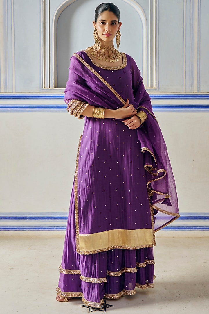 Imperial Purple Chanderi Silk Mukaish Hand Work Party Wear Sharara Set by PREEVIN at Pernia's Pop Up Shop