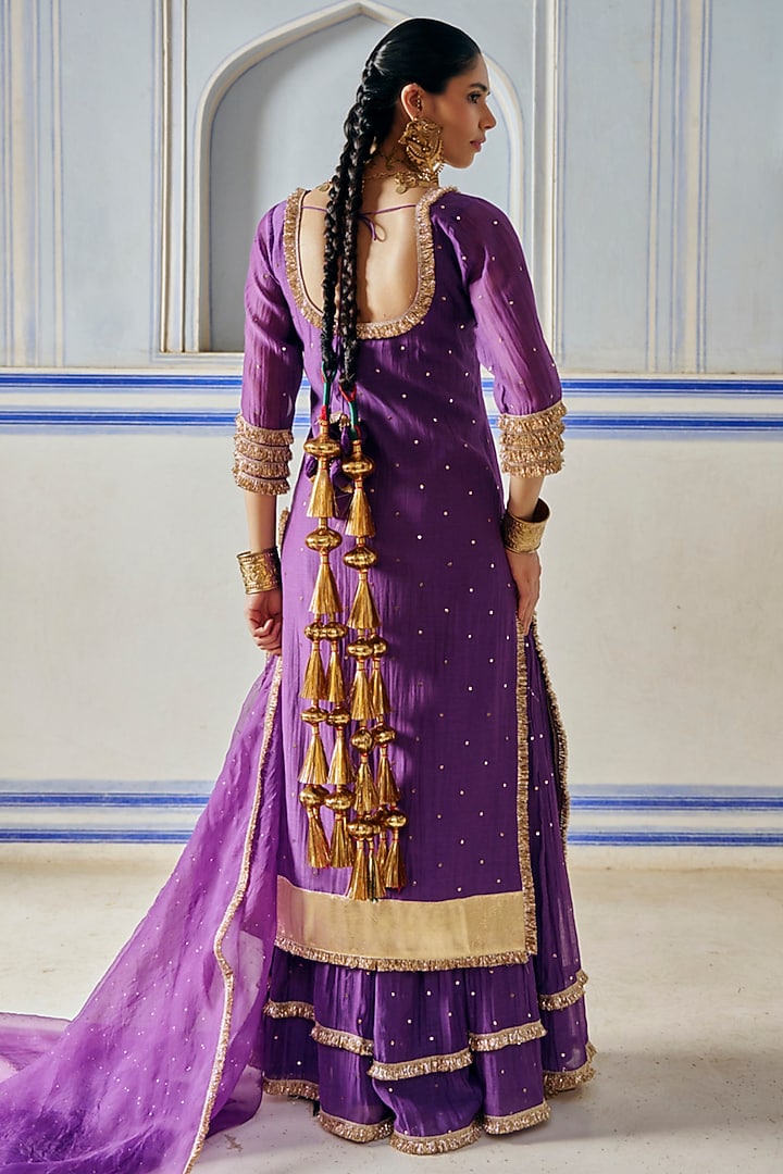Imperial Purple Chanderi Silk Mukaish Hand Work Party Wear Sharara Set by PREEVIN at Pernia's Pop Up Shop