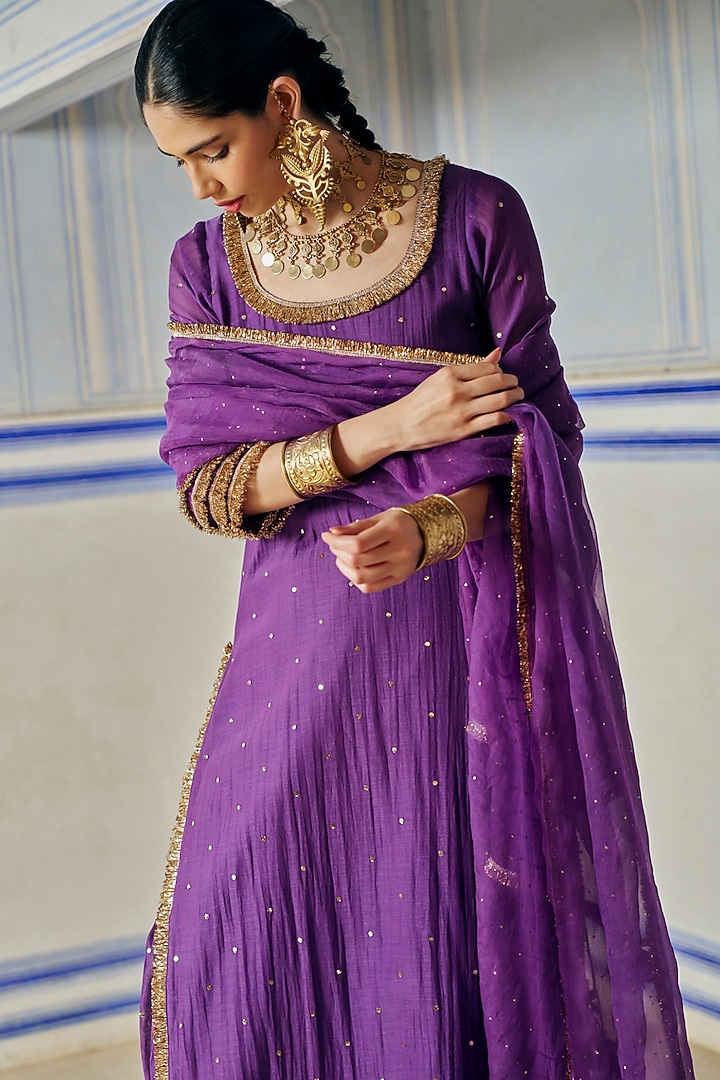 Imperial Purple Chanderi Silk Mukaish Hand Work Party Wear Sharara Set by PREEVIN at Pernia's Pop Up Shop