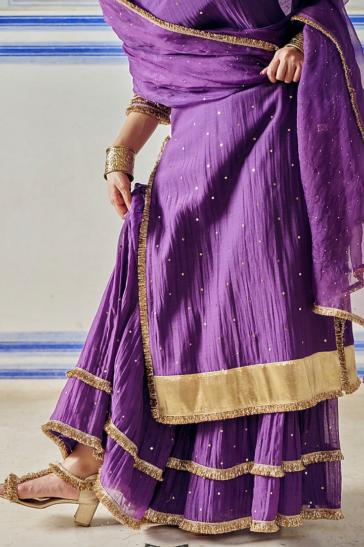 Imperial Purple Chanderi Silk Mukaish Hand Work Party Wear Sharara Set by PREEVIN at Pernia's Pop Up Shop