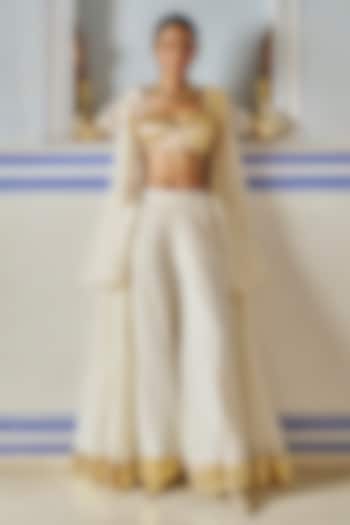 Ivory Chanderi Silk Mukaish Handwork Jacket Set by PREEVIN at Pernia's Pop Up Shop