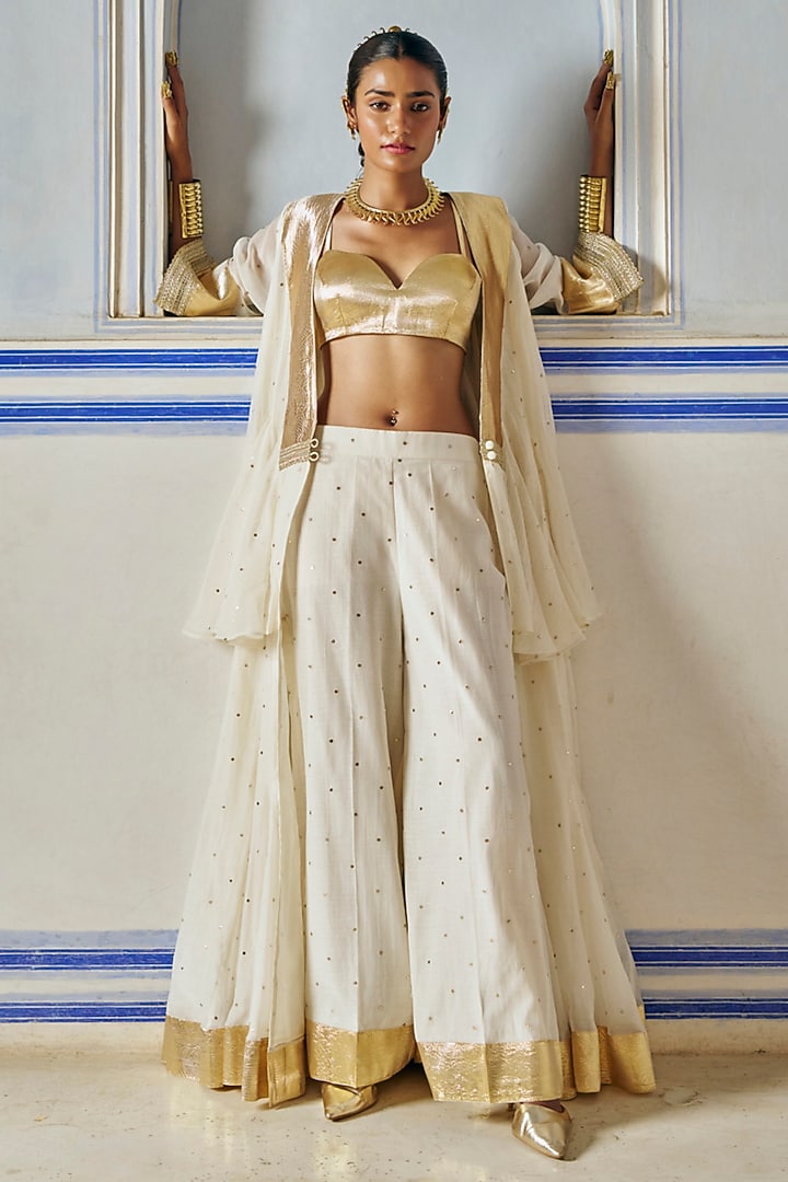 Ivory Chanderi Silk Mukaish Handwork Jacket Set by PREEVIN at Pernia's Pop Up Shop
