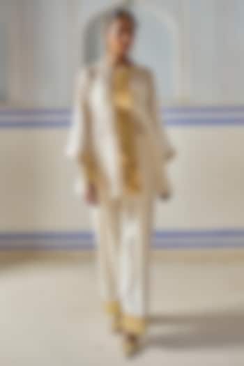 Ivory Chanderi Silk Mukaish Handwork A-Line Kurta Set by PREEVIN at Pernia's Pop Up Shop