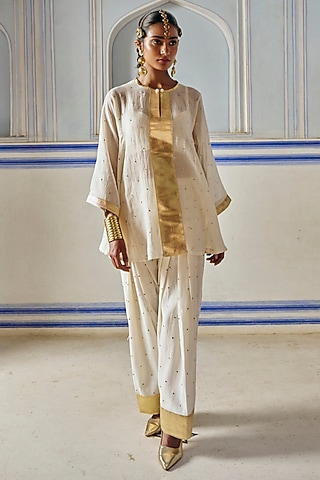Ivory Chanderi Silk Mukaish Handwork A-Line Kurta Set by PREEVIN