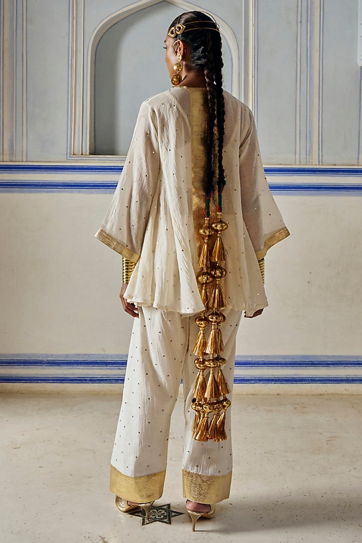 Ivory Chanderi Silk Mukaish Handwork A-Line Kurta Set by PREEVIN at Pernia's Pop Up Shop